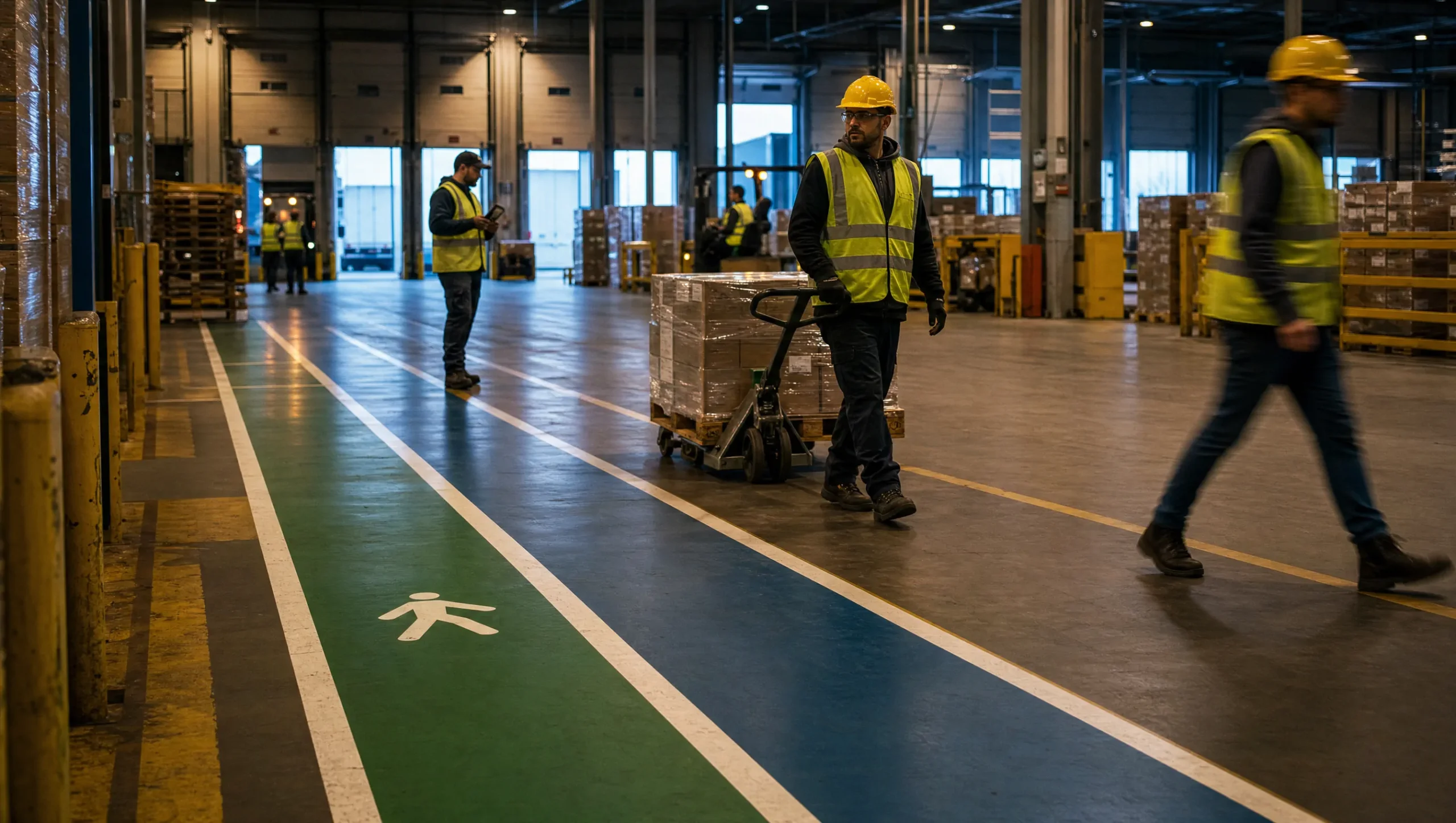 High-throughput distribution center floor with pick paths, dock-area marking and visible operational flow.