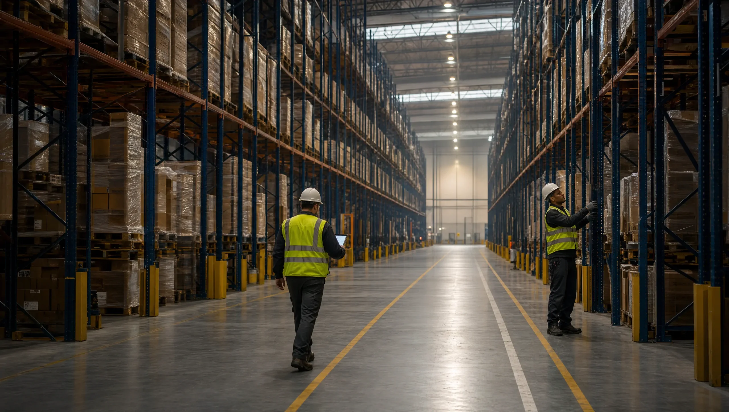 Wide cinematic view of an active industrial facility floor with workers and racking systems extending into the distance.