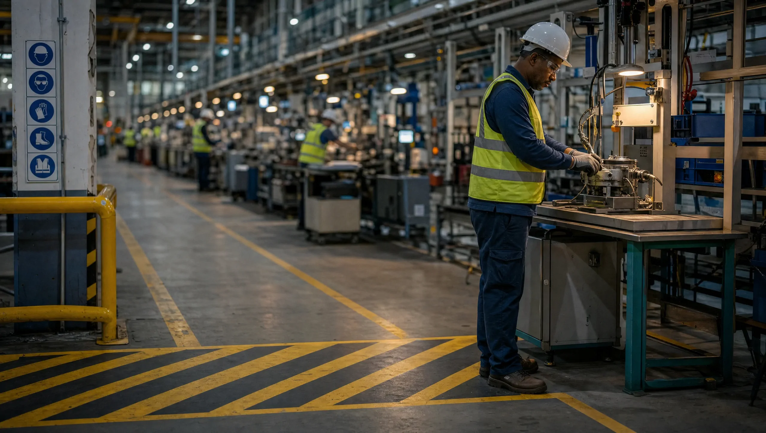 Light manufacturing floor with defined work zones, safety signage and operators on a production line.