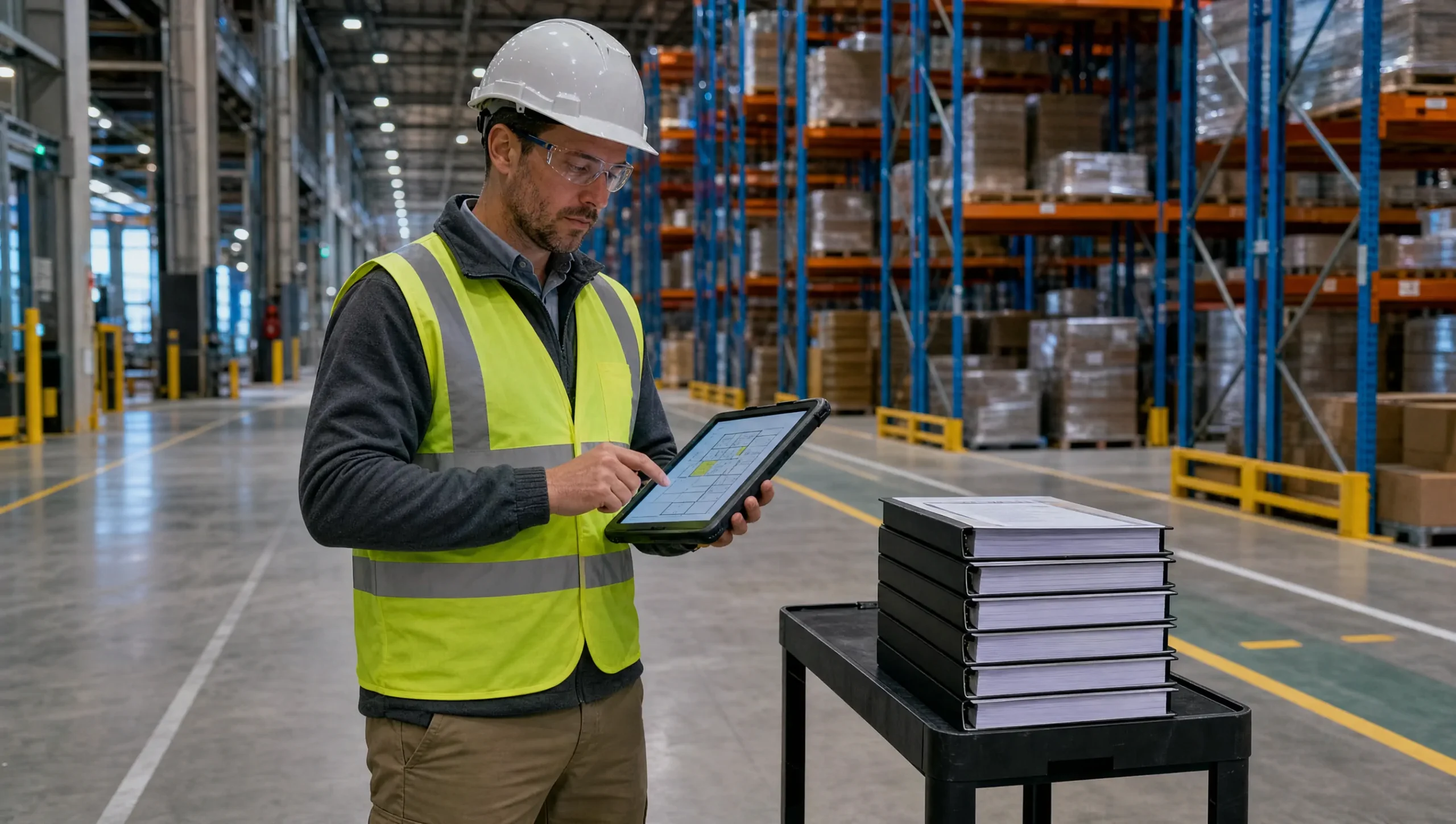 Project lead reviewing standardized documentation packet on a tablet across a coordinated multi-site rollout context.