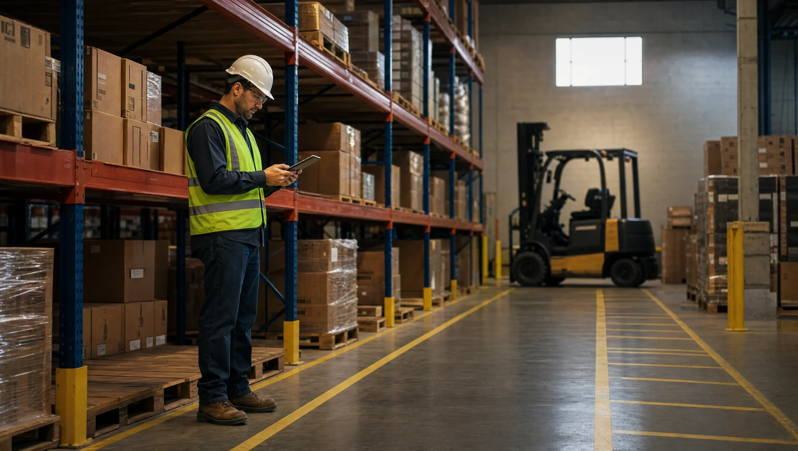 Interior of a general-purpose warehouse with marked floor lanes, racking and a worker inspecting inventory.